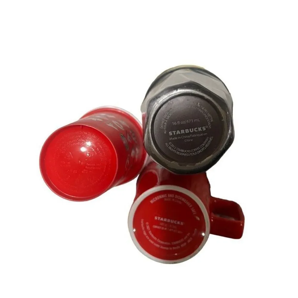 Starbucks Coffee Cup Trio 2021 Red Ceramic, 2012 Insulated & Red To go Plastic c